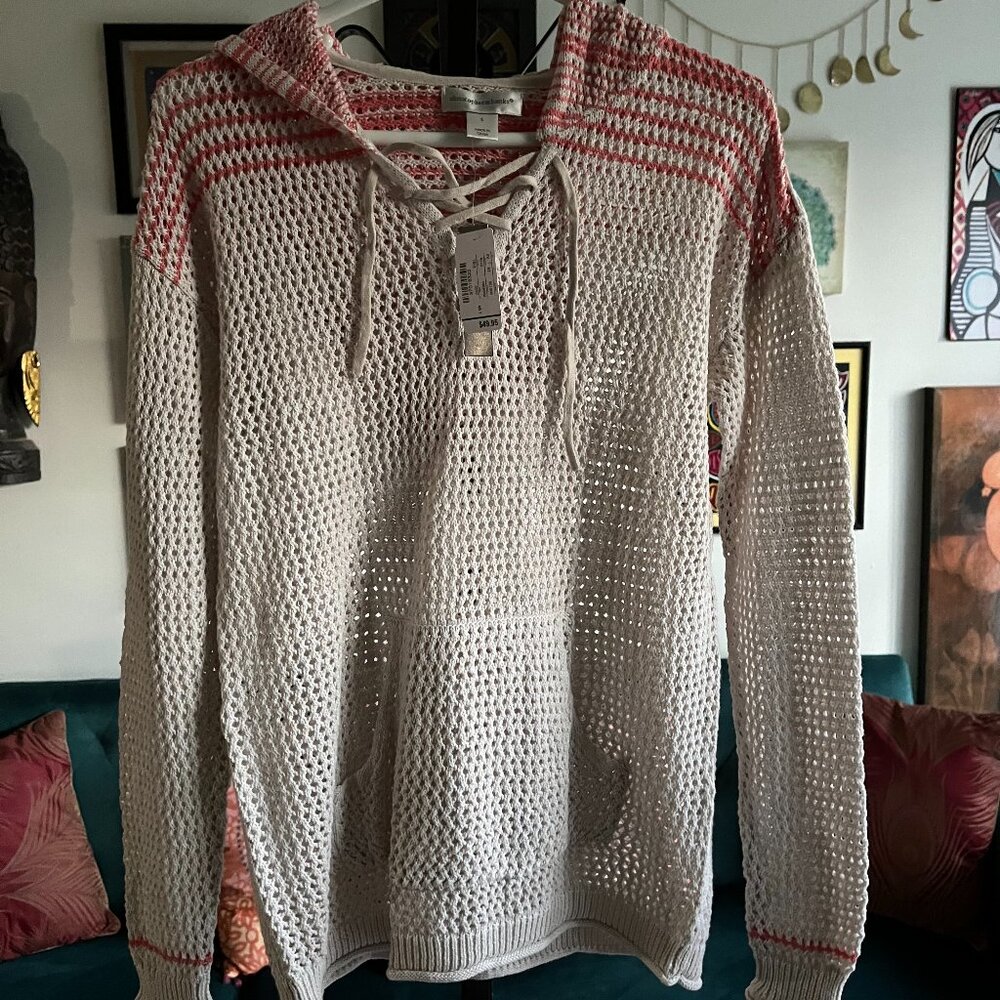 CHRISTOPHER & BANKS size S Beige & Coral Open Weave Hooded Sweater with Pocket